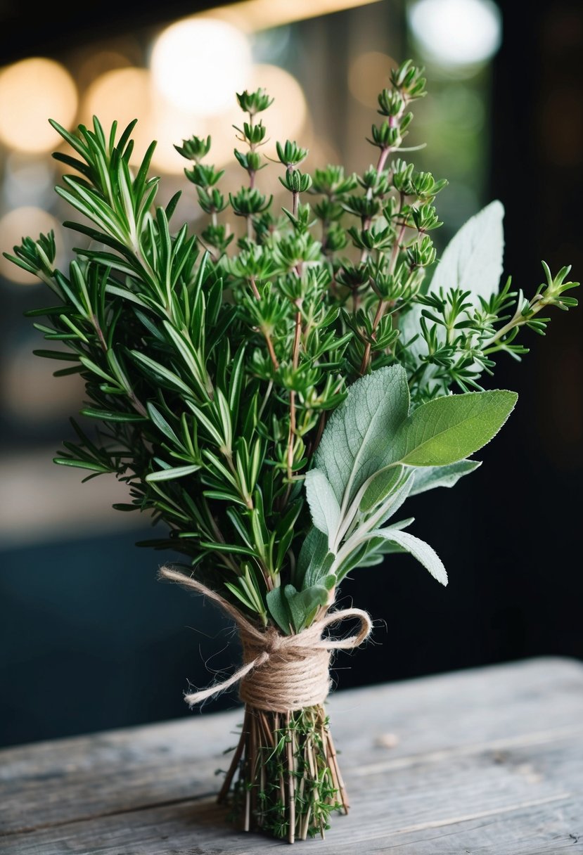 A rustic herb bouquet featuring rosemary, thyme, and sage tied with twine, with no roses in sight