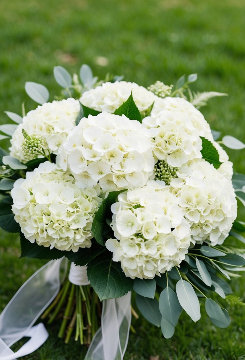 A lush bouquet of classic white hydrangeas, arranged in a loose and elegant style, with greenery and delicate ribbon accents