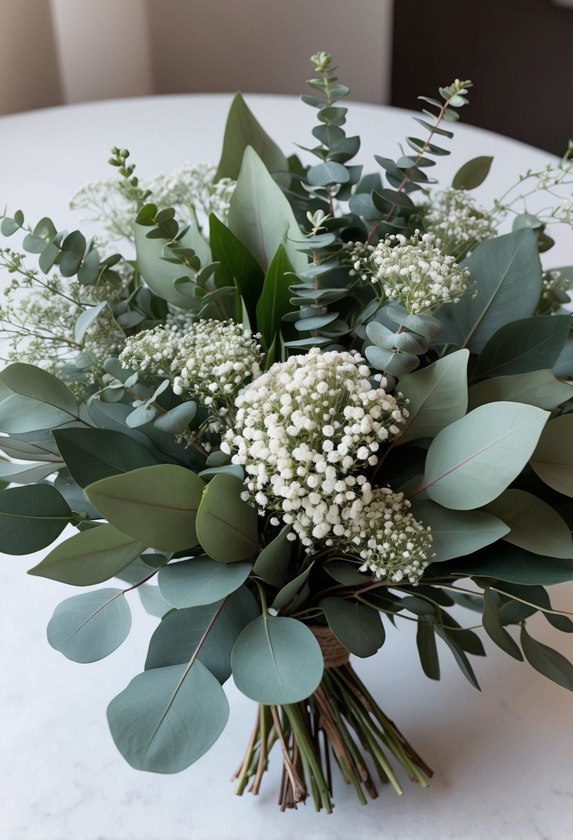 A lush bouquet of eucalyptus leaves, baby's breath, and delicate white flowers arranged in a circular shape