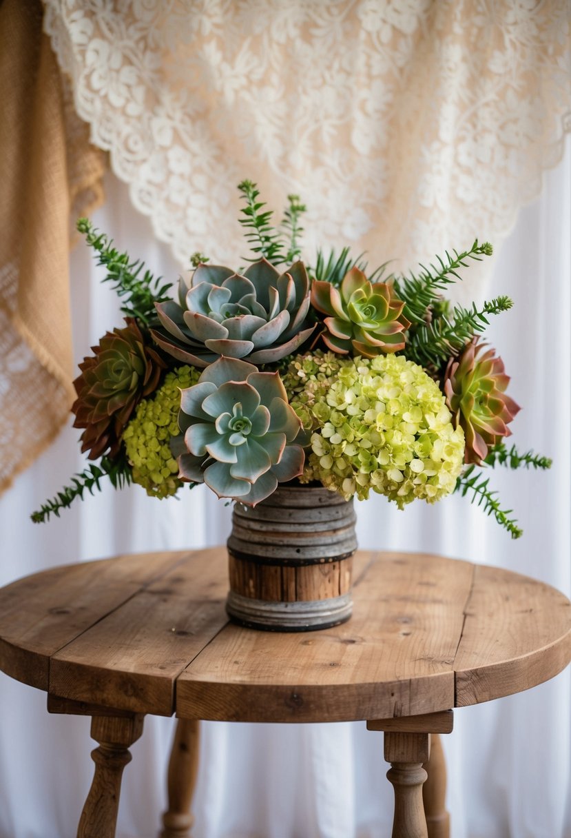 A wooden table adorned with a rustic bouquet of succulents and hydrangeas, set against a backdrop of vintage lace and burlap