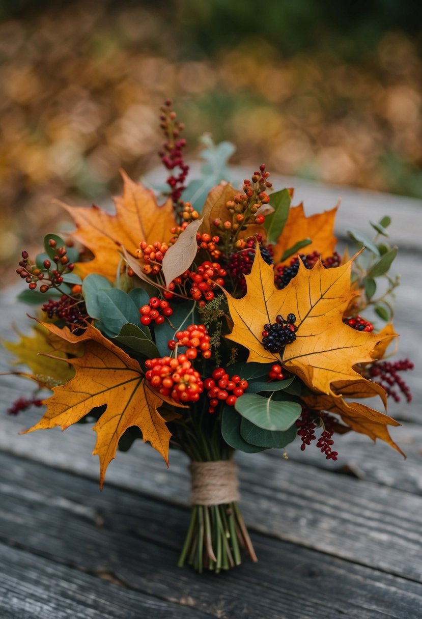 A cluster of autumn leaves and berries in a rustic wedding bouquet