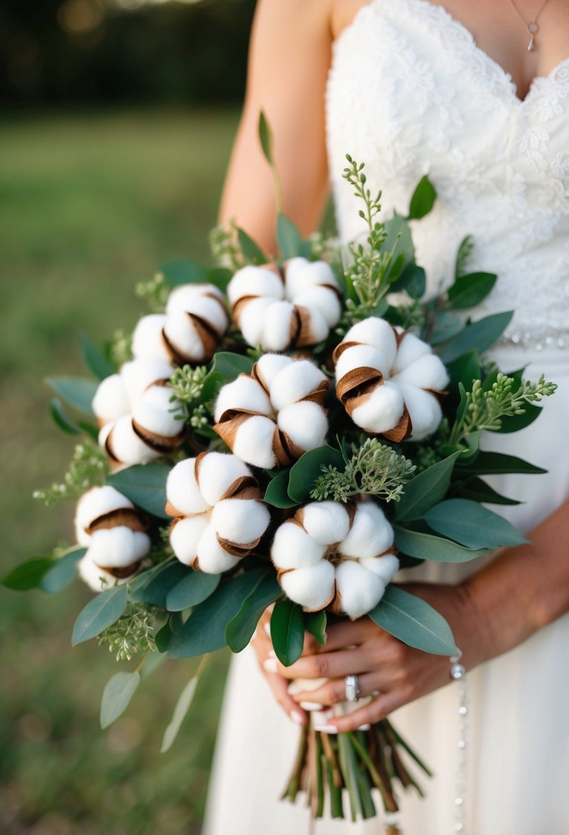 A rustic wedding bouquet with cotton bolls and greenery