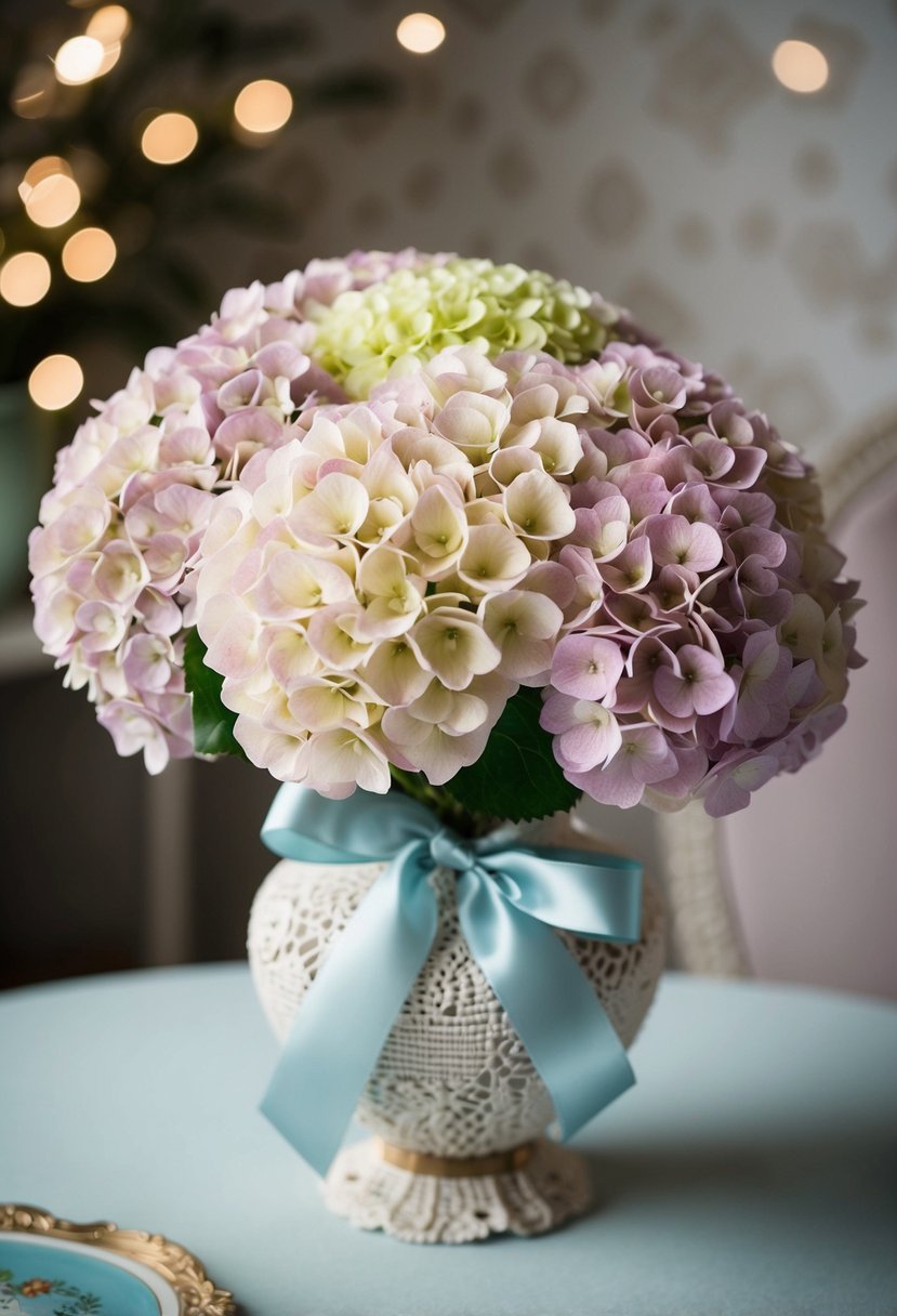 A delicate bouquet of pastel hydrangeas tied with a satin ribbon, nestled in a vintage lace-covered vase