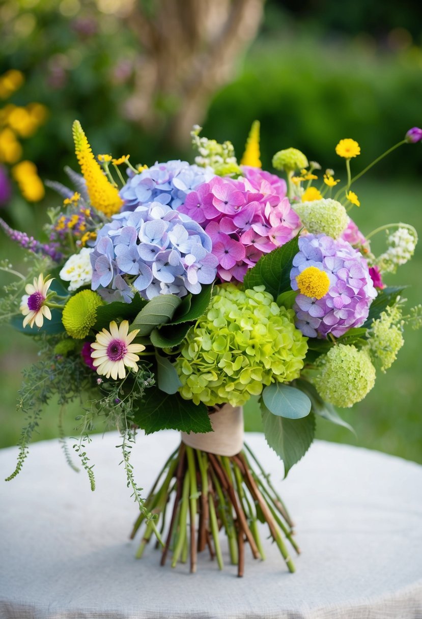 A colorful bouquet of hydrangeas, wildflowers, and whimsical greenery arranged in a loose, natural style