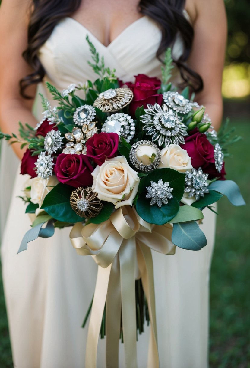 A bouquet of brooches and ribbons arranged in a cascading style, with no roses, for a unique wedding bouquet