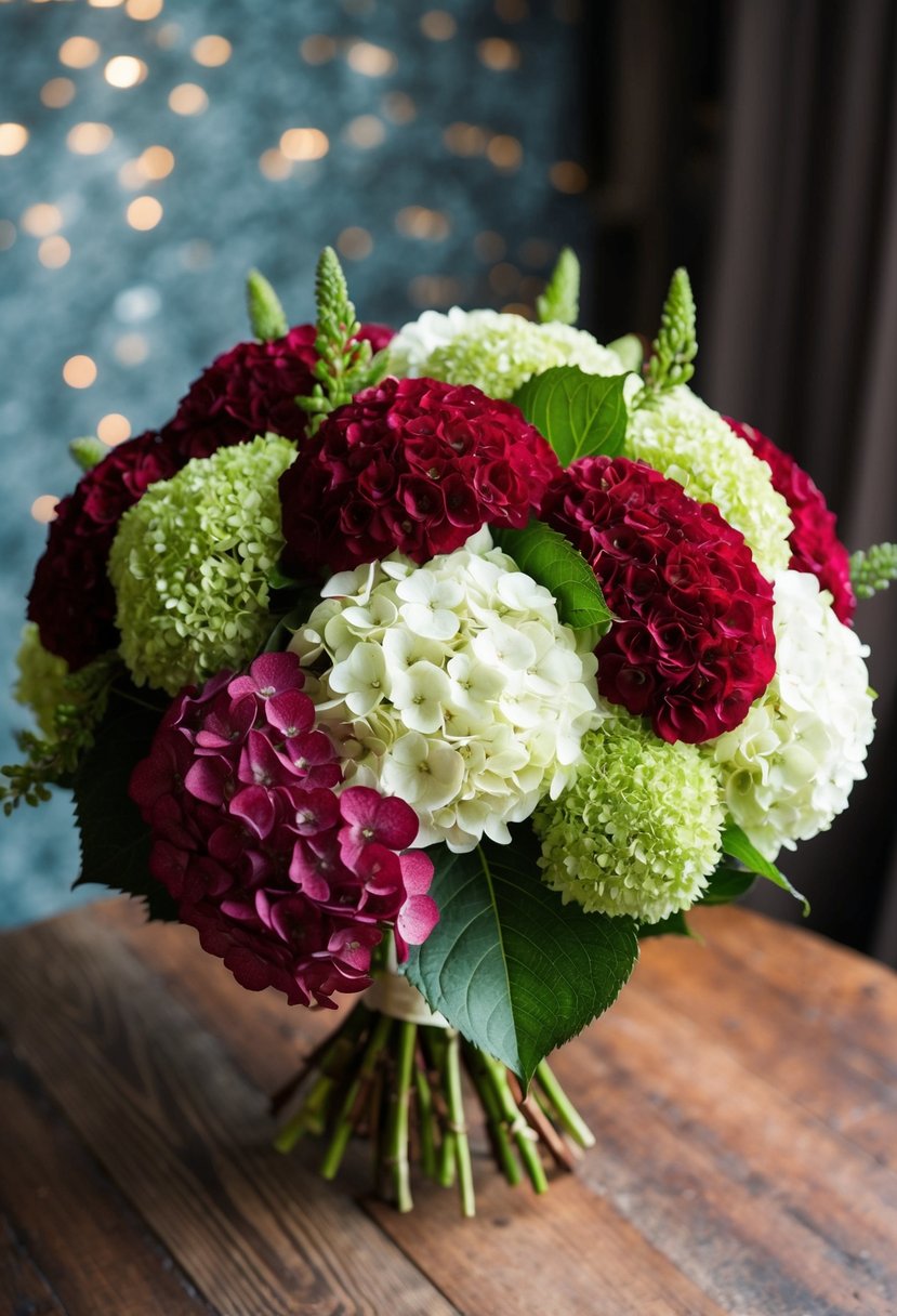 A lush hydrangea bouquet with deep red velvet accents