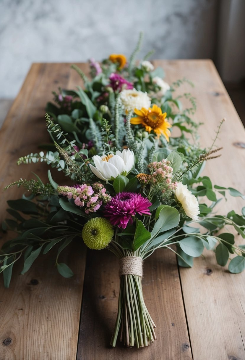 A rustic table with a silk wildflower bundle, featuring various blooms and greenery, arranged in a loose, organic style