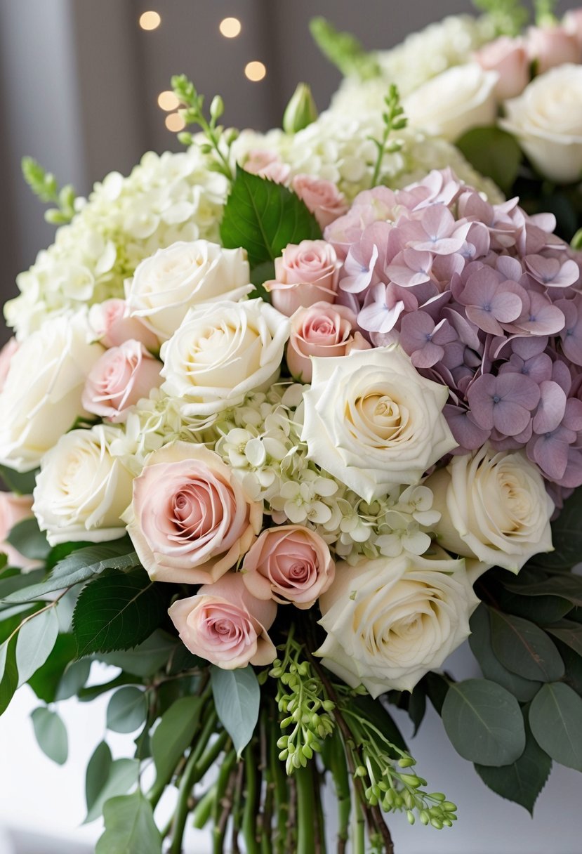 A lush bouquet of ivory and blush roses, mixed with hydrangeas, arranged in a cascading style