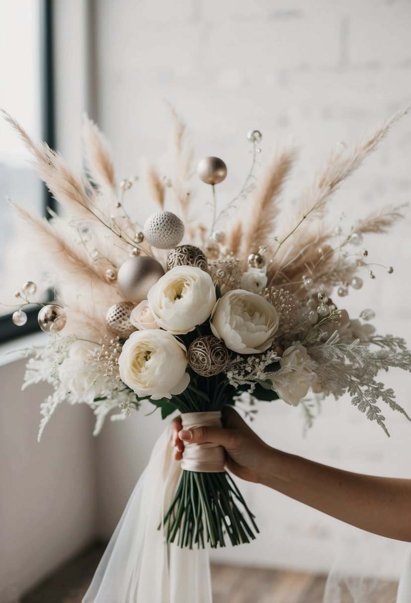 A delicate arrangement of ornate ornaments and flowing tulle, creating a unique wedding bouquet without roses