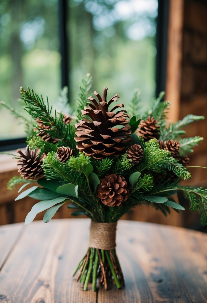 A rustic pinecone bouquet with greenery and no roses