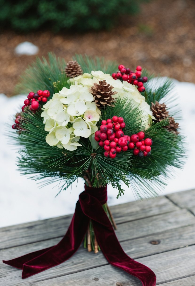 A rustic, wintery bouquet featuring hydrangeas, pine branches, and rich red berries, tied with a velvet ribbon