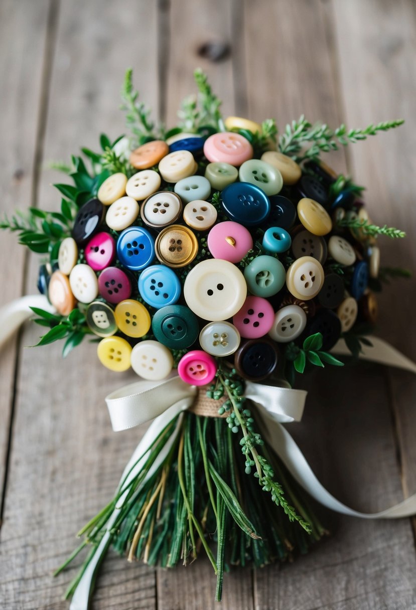 A bouquet of vintage buttons in various colors and sizes, arranged in a cascading style with greenery and ribbon accents