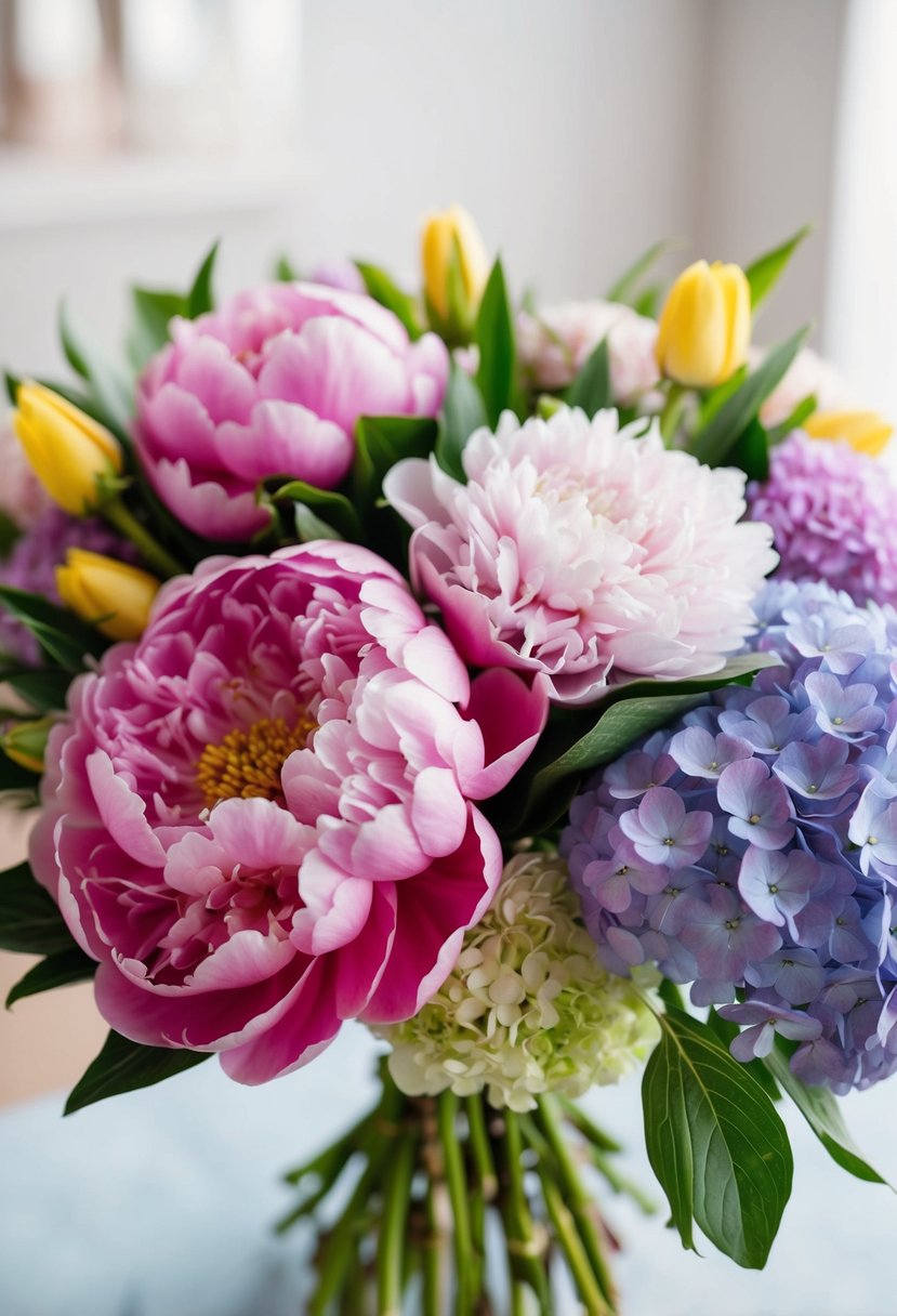 A vibrant bouquet of spring peonies and hydrangeas, arranged in a delicate and elegant manner