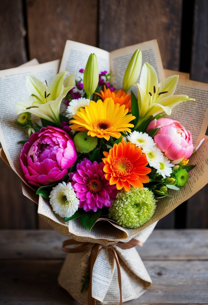 A vibrant bouquet of assorted flowers, including peonies, daisies, and lilies, arranged in a rustic book page wrapping