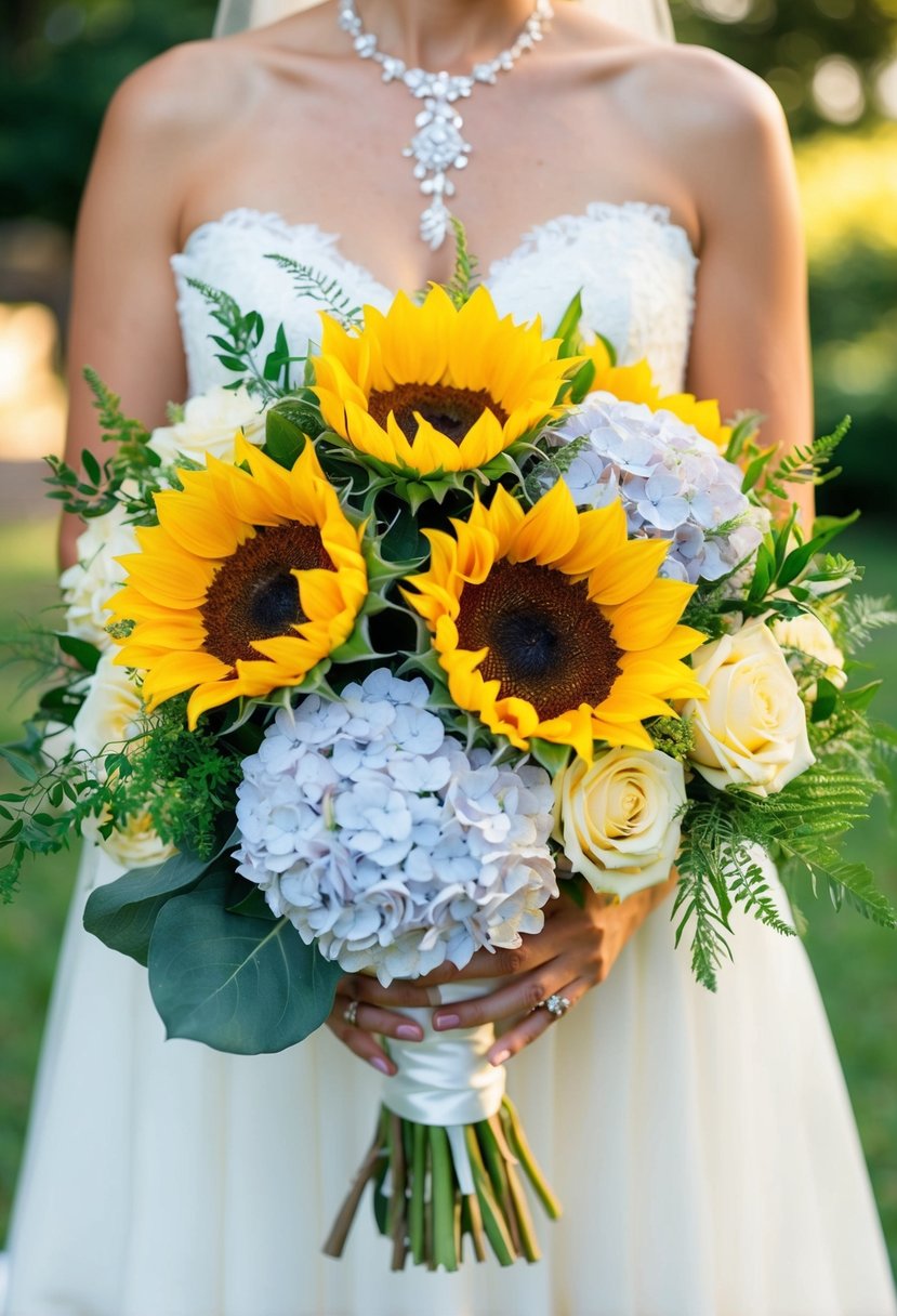 A vibrant wedding bouquet featuring golden sunflowers, delicate melody hydrangeas, and lush greenery