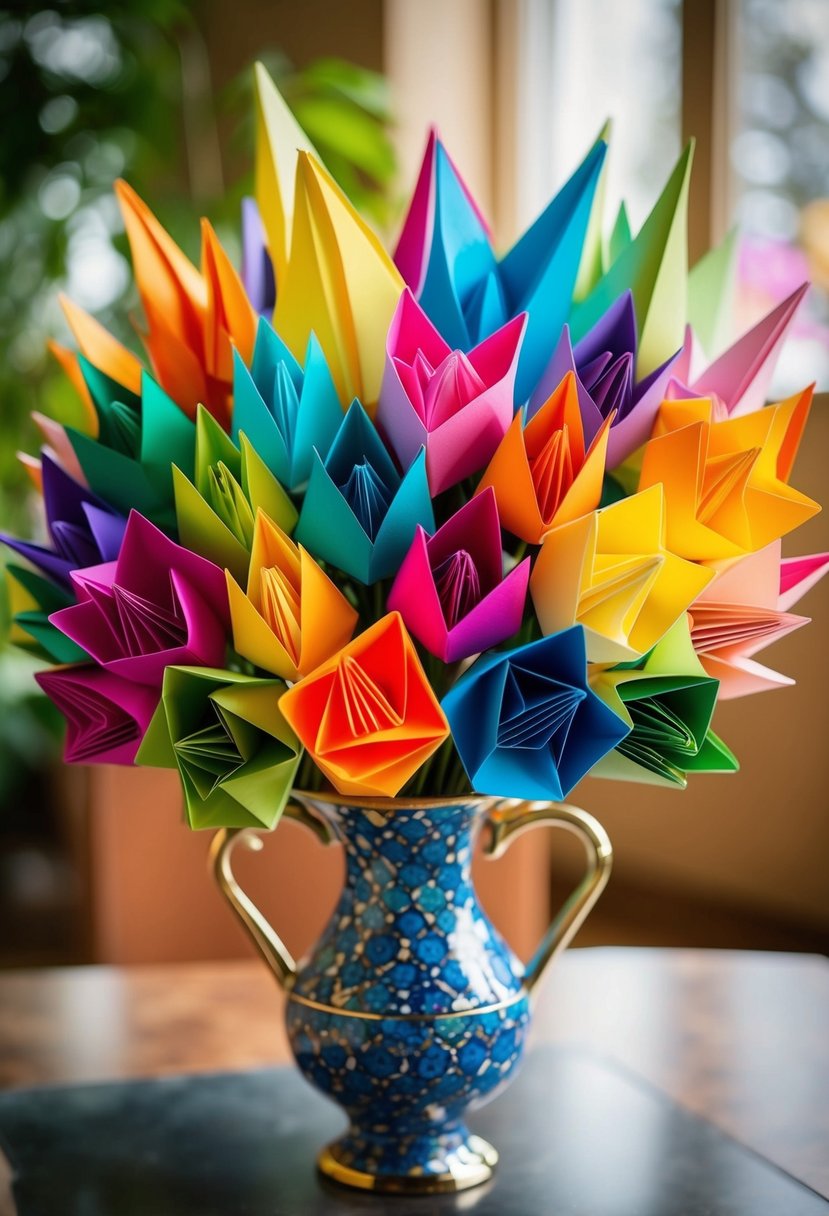 A colorful bouquet of origami flowers in a variety of shapes and sizes, arranged in a decorative vase