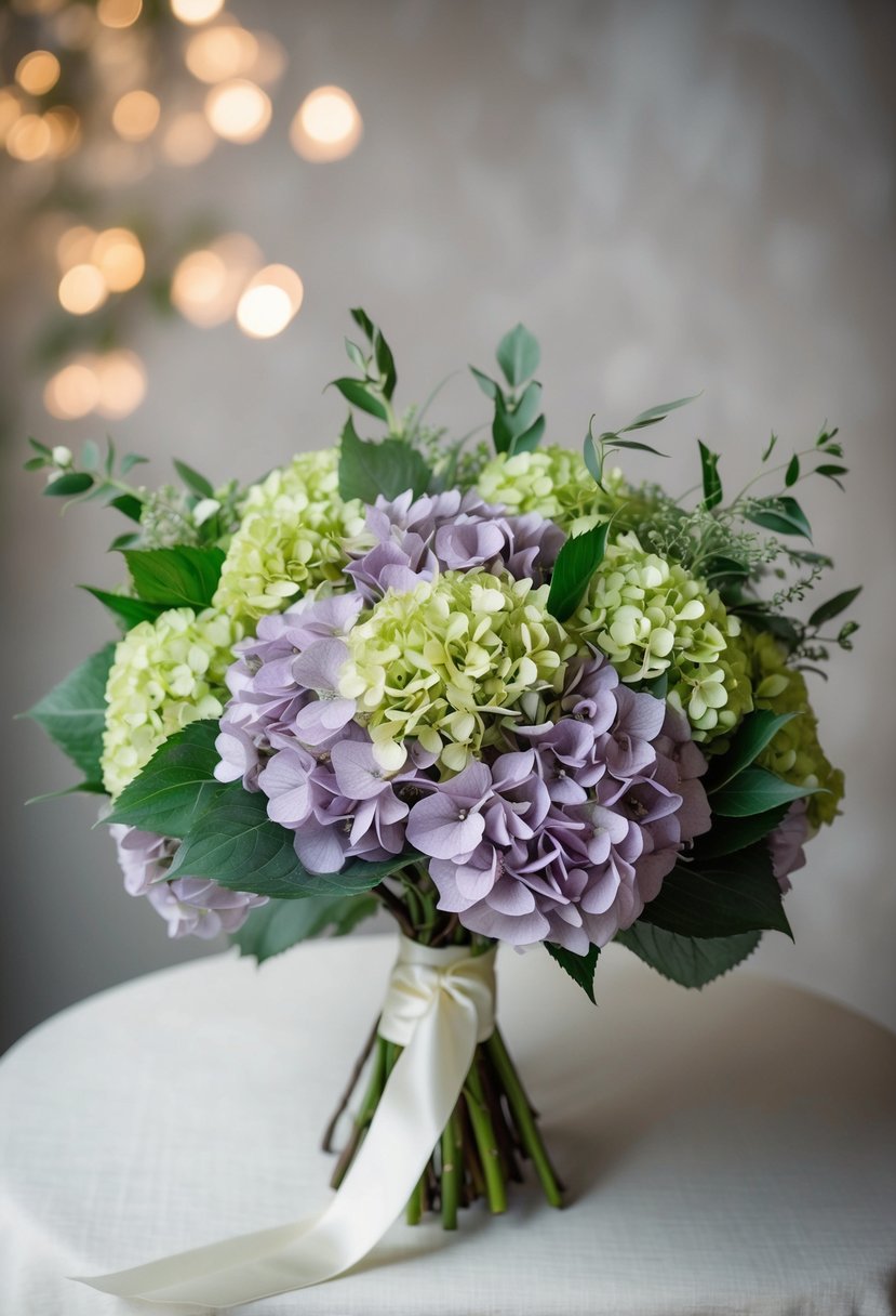 A vintage-inspired wedding bouquet featuring lush violet and green hydrangea blooms, accented with delicate foliage and tied with a silk ribbon