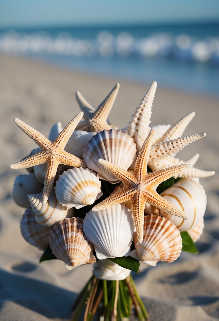 A bouquet of seashells and starfish arranged in a delicate and elegant manner