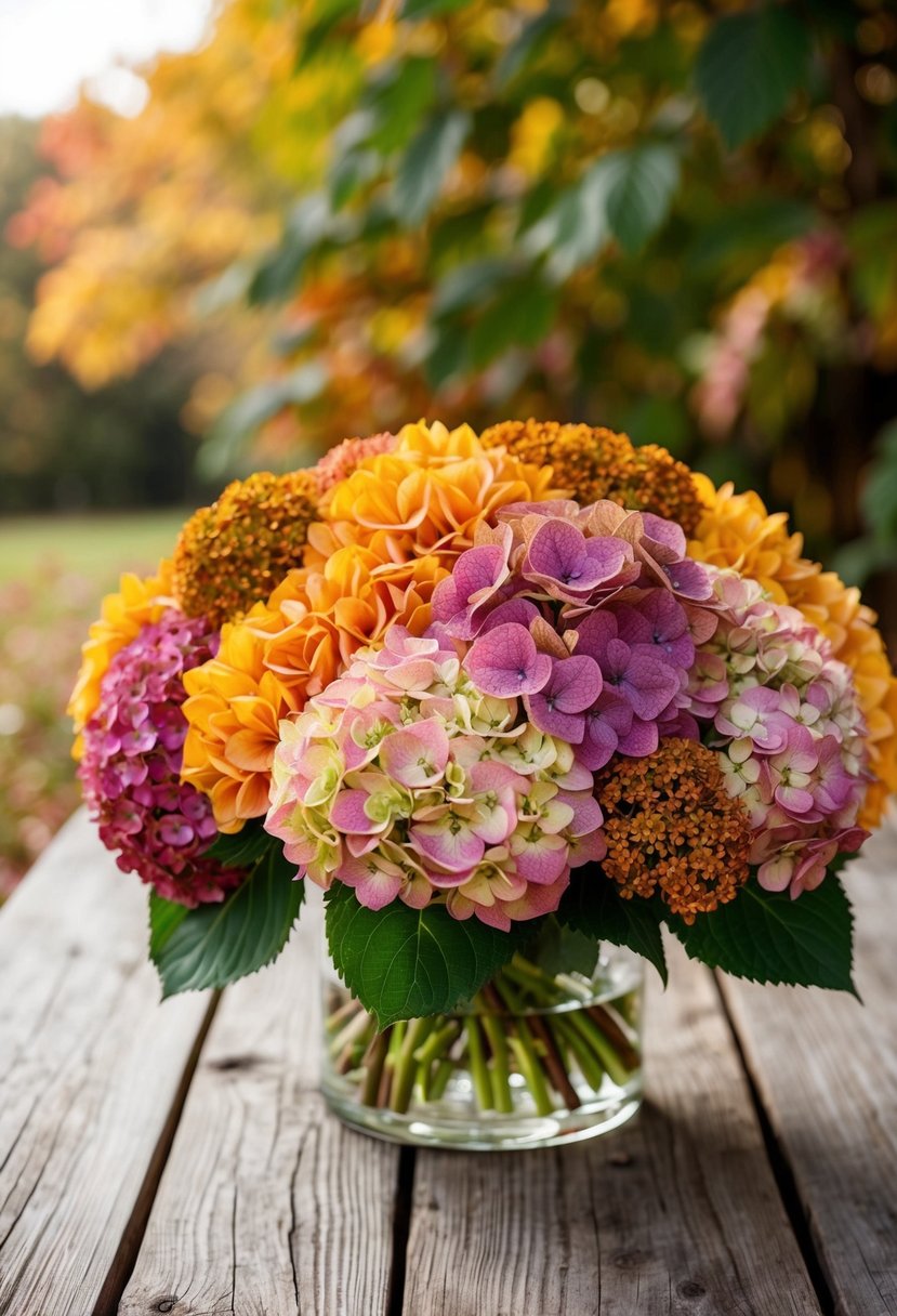 A rustic wooden table adorned with a bountiful bouquet of hydrangeas in rich fall harvest hues