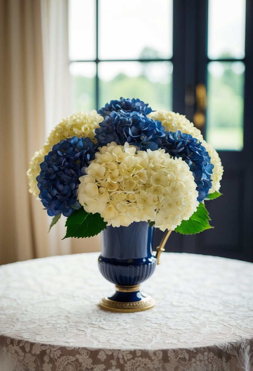 A navy and cream classic hydrangea wedding bouquet arranged in a vintage vase on a lace-covered table