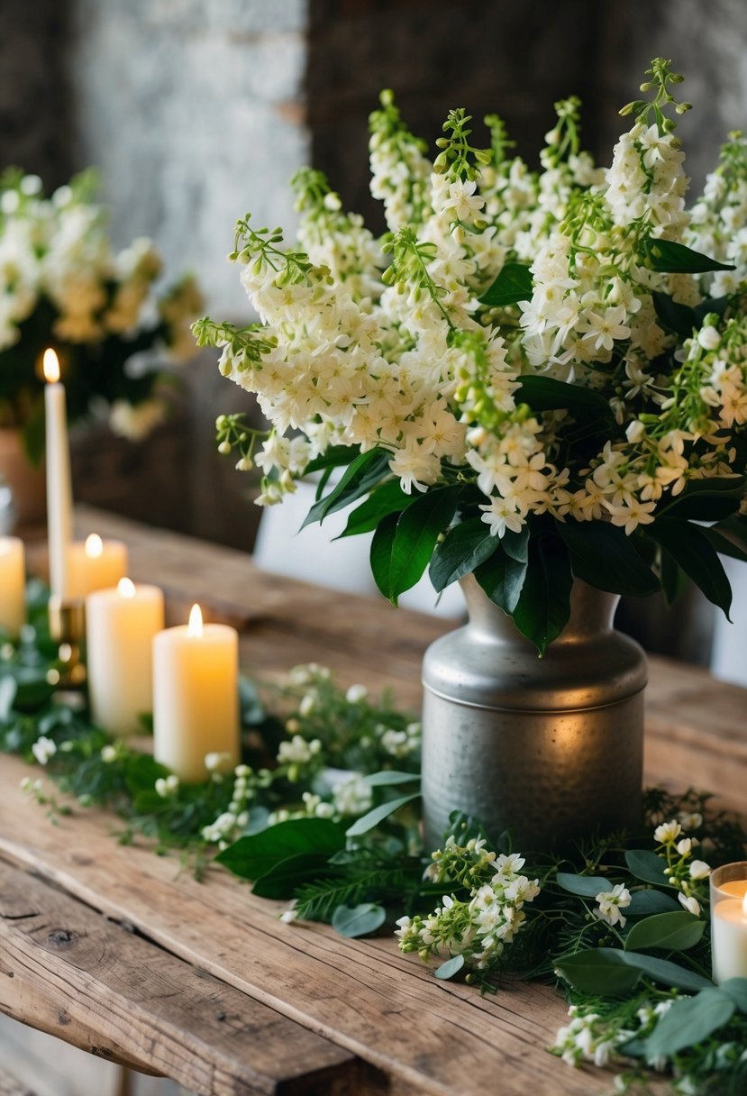 A rustic wooden table adorned with a lush bouquet of fragrant jasmine, surrounded by delicate greenery and soft candlelight