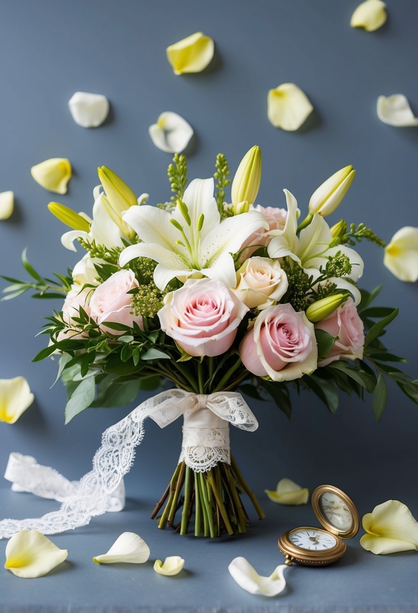 A bride's bouquet of roses, lilies, and greenery tied with lace ribbon, surrounded by scattered petals and a vintage locket