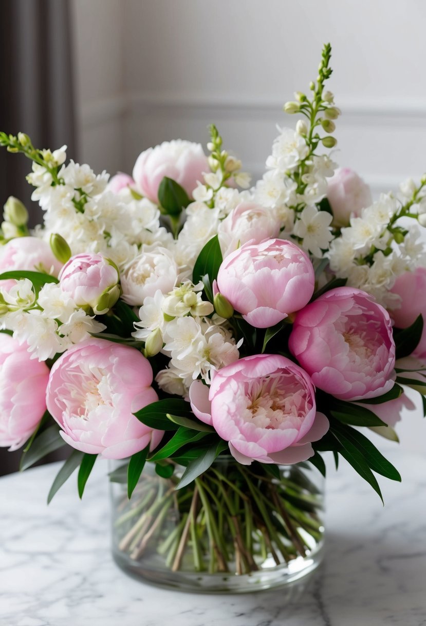 A luxurious bouquet of fragrant jasmine and delicate pink peonies arranged in a stunning mix of elegant floral beauty