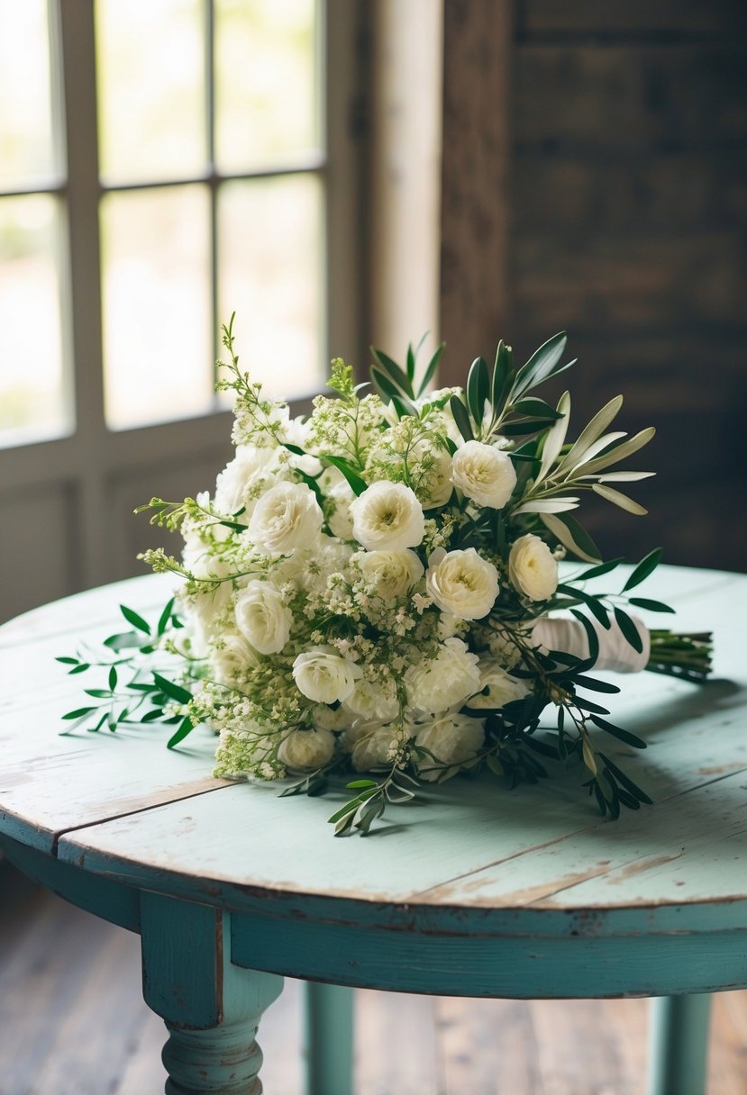 A rustic jasmine wedding bouquet with olive branch accents sits on a weathered wooden table, bathed in soft natural light