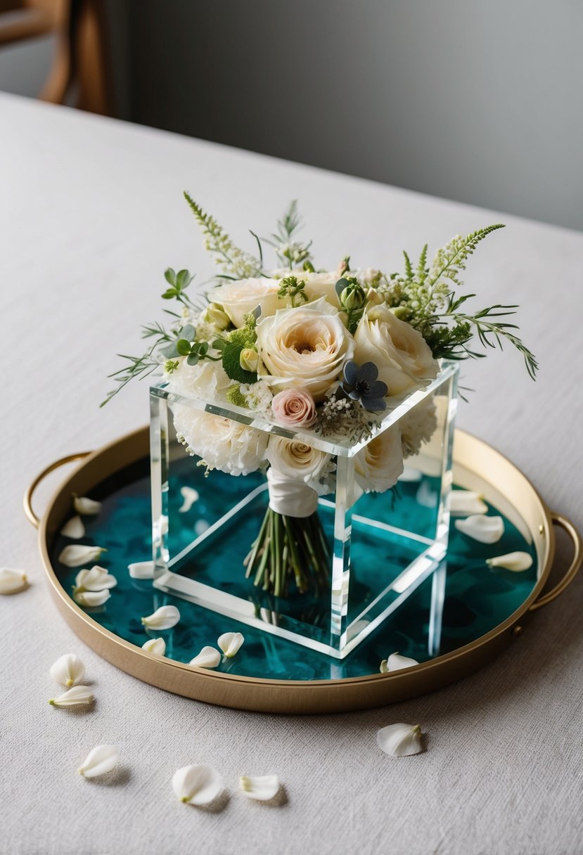 A wedding bouquet encased in clear resin on a decorative tray with scattered flower petals and delicate greenery