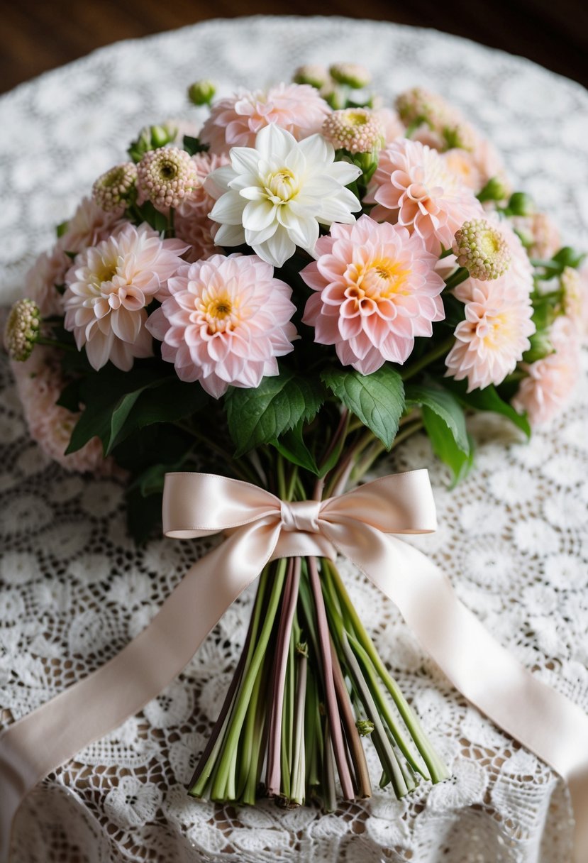 A delicate bouquet of jasmine and blush dahlias, tied with a satin ribbon, sits on a vintage lace tablecloth