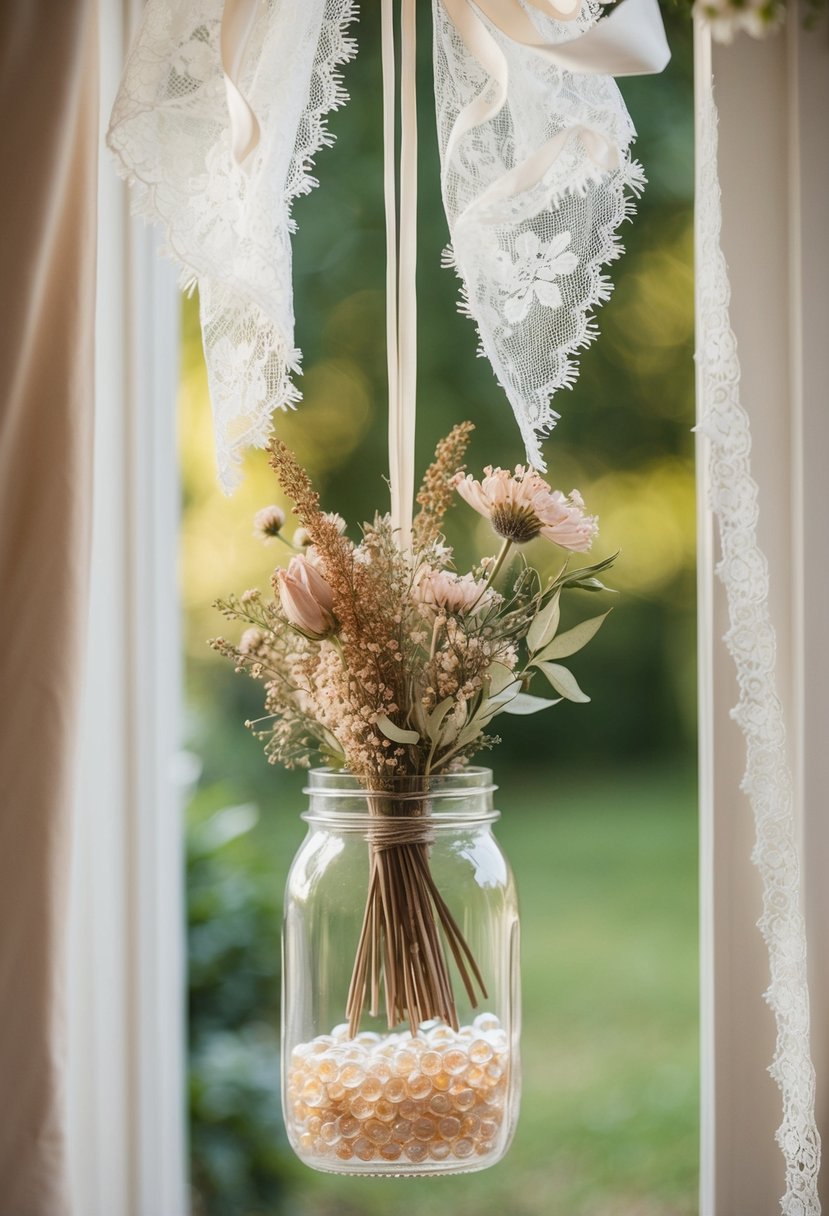 A glass jar filled with dried flowers and silica gel beads. A wedding bouquet suspended upside down, surrounded by delicate lace and ribbon