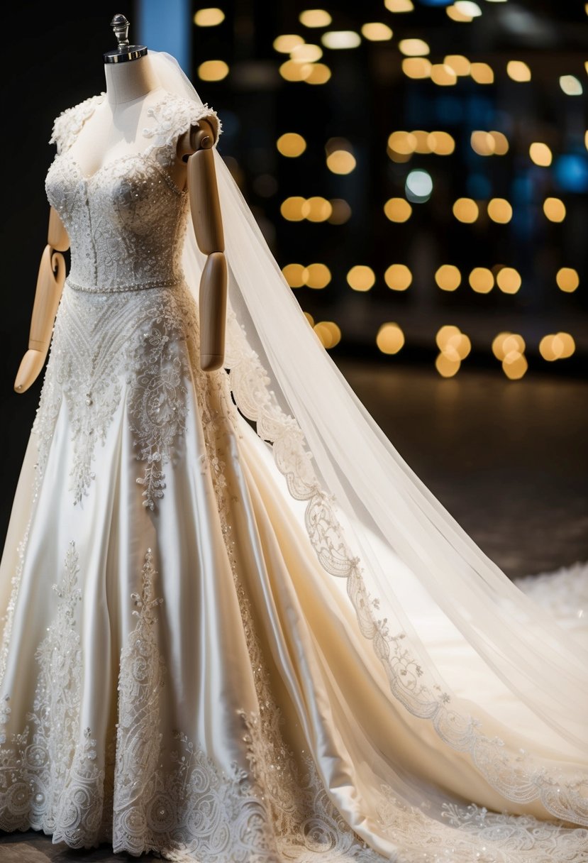 A shimmering pearl wedding dress displayed on a mannequin with intricate lace details and a flowing train