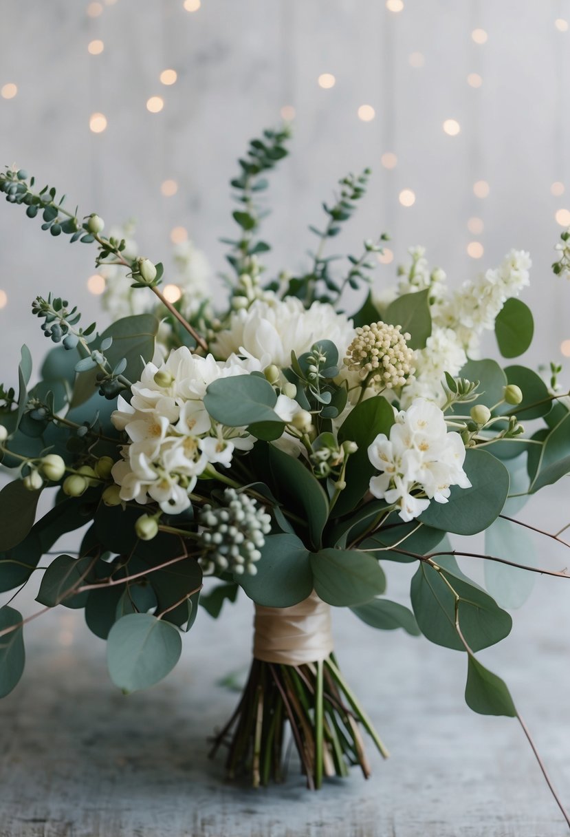 A modern jasmine and eucalyptus wedding bouquet with soft, muted hues and delicate, intertwined stems