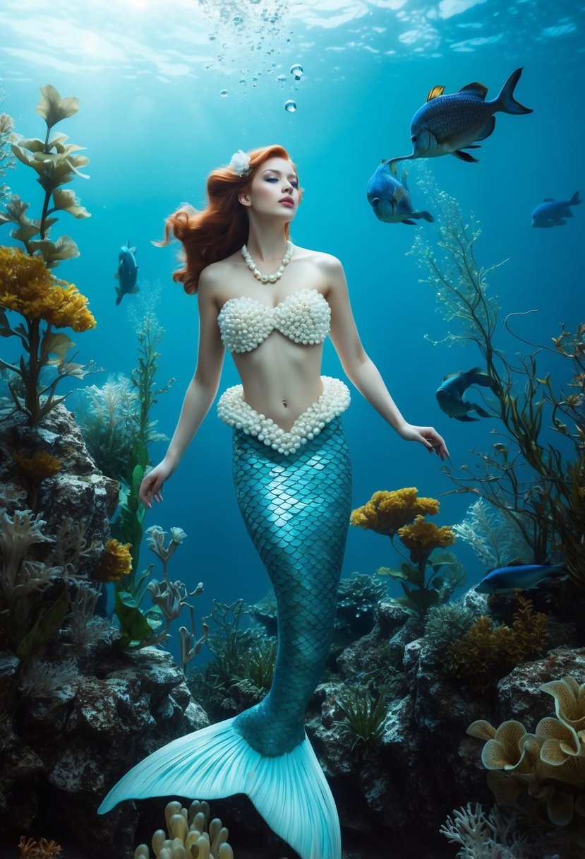 A mermaid with a pearl dress, surrounded by underwater flora and fauna