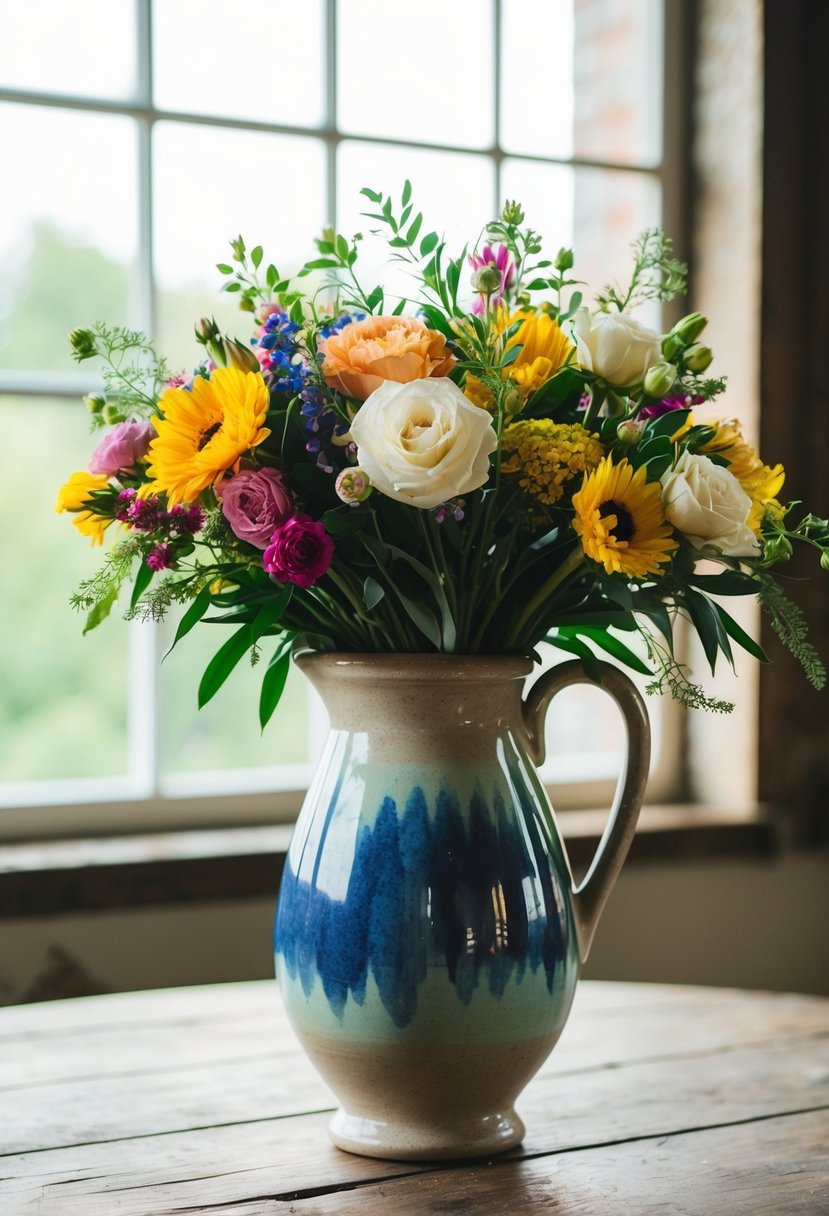 A ceramic vase filled with a colorful wedding bouquet sits on a rustic wooden table, surrounded by soft natural light filtering through a window