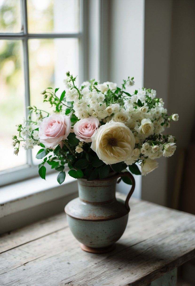 A vintage bouquet of jasmine and garden roses, arranged in a rustic vase on a weathered wooden table, with soft natural light filtering through a nearby window