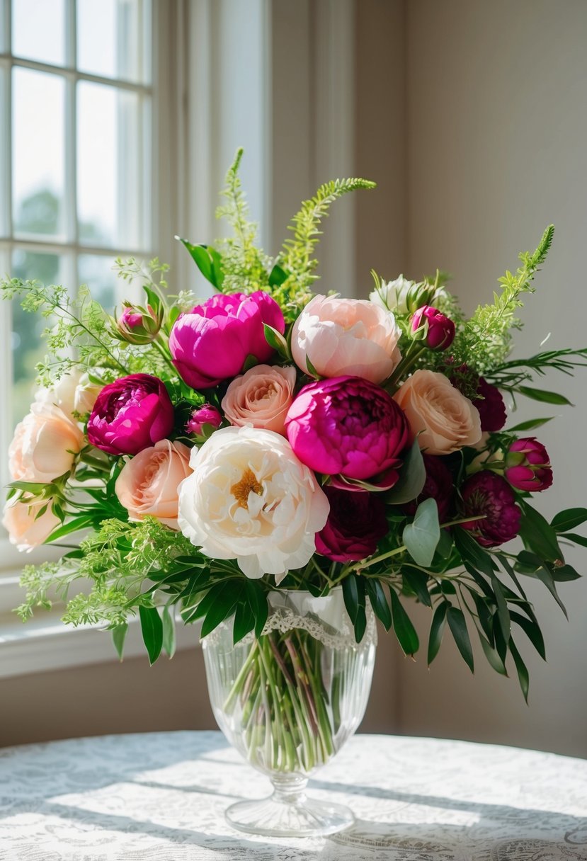 A vibrant wedding bouquet of roses, peonies, and greenery, arranged in a delicate glass vase on a lace tablecloth. Sunlight streams through a nearby window, casting soft shadows on the flowers