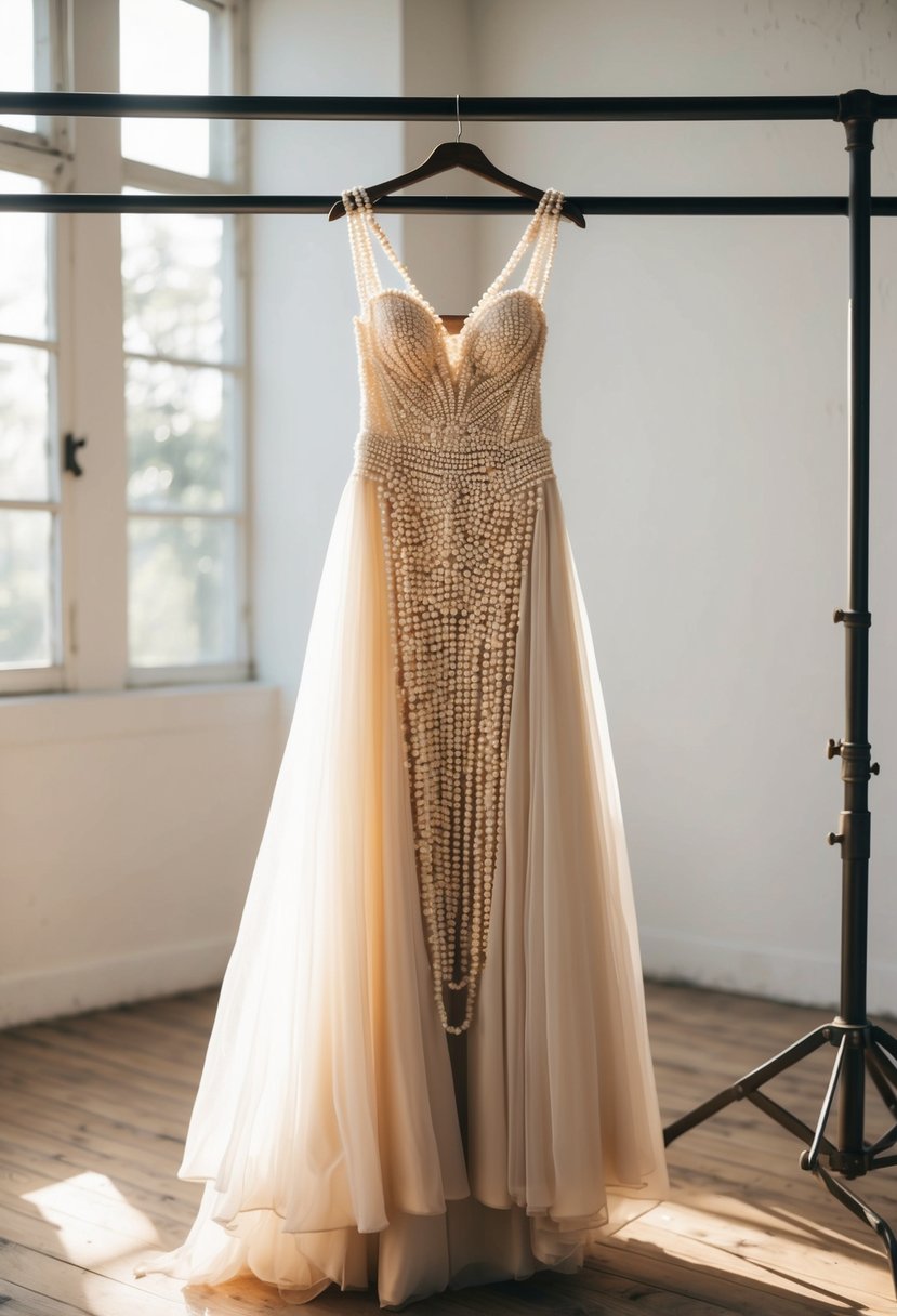 A flowing pearl-lined gown hangs on a vintage dress form in a sunlit bohemian studio