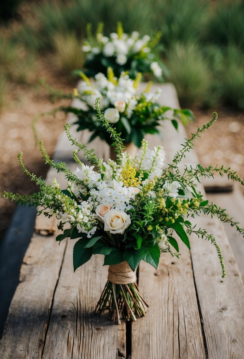 A rustic wooden table adorned with wild jasmine and gypsy bloom wedding bouquet arrangements