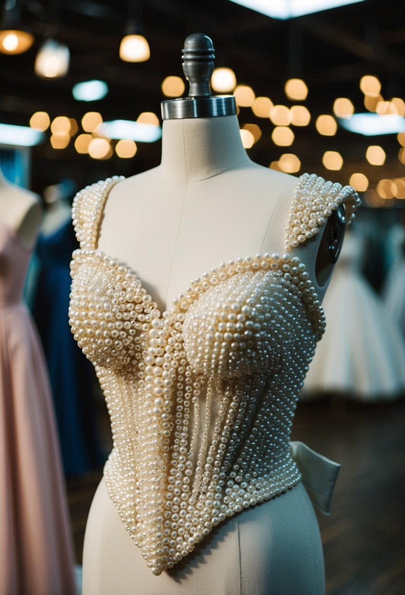 A vintage pearl-covered bodice wedding dress displayed on a mannequin