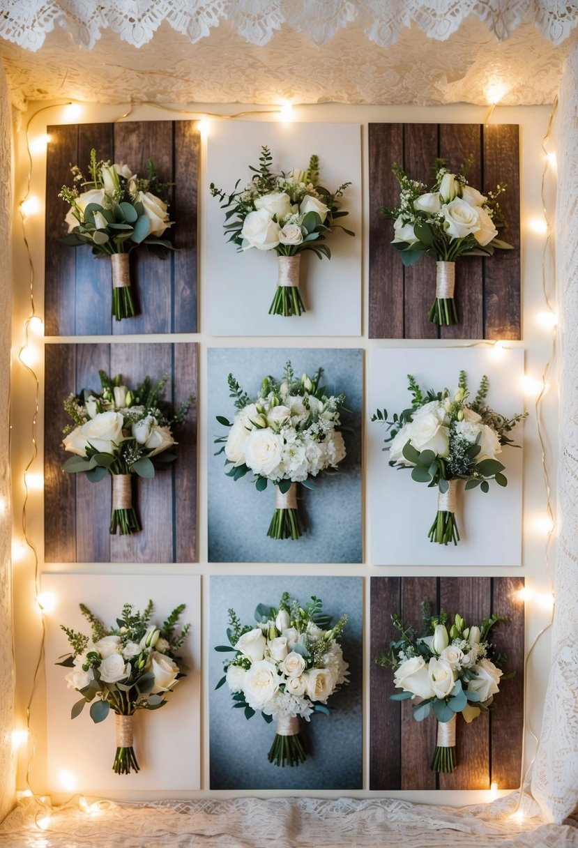 A collection of wedding bouquet photos arranged in a decorative display, surrounded by delicate lace and twinkling fairy lights