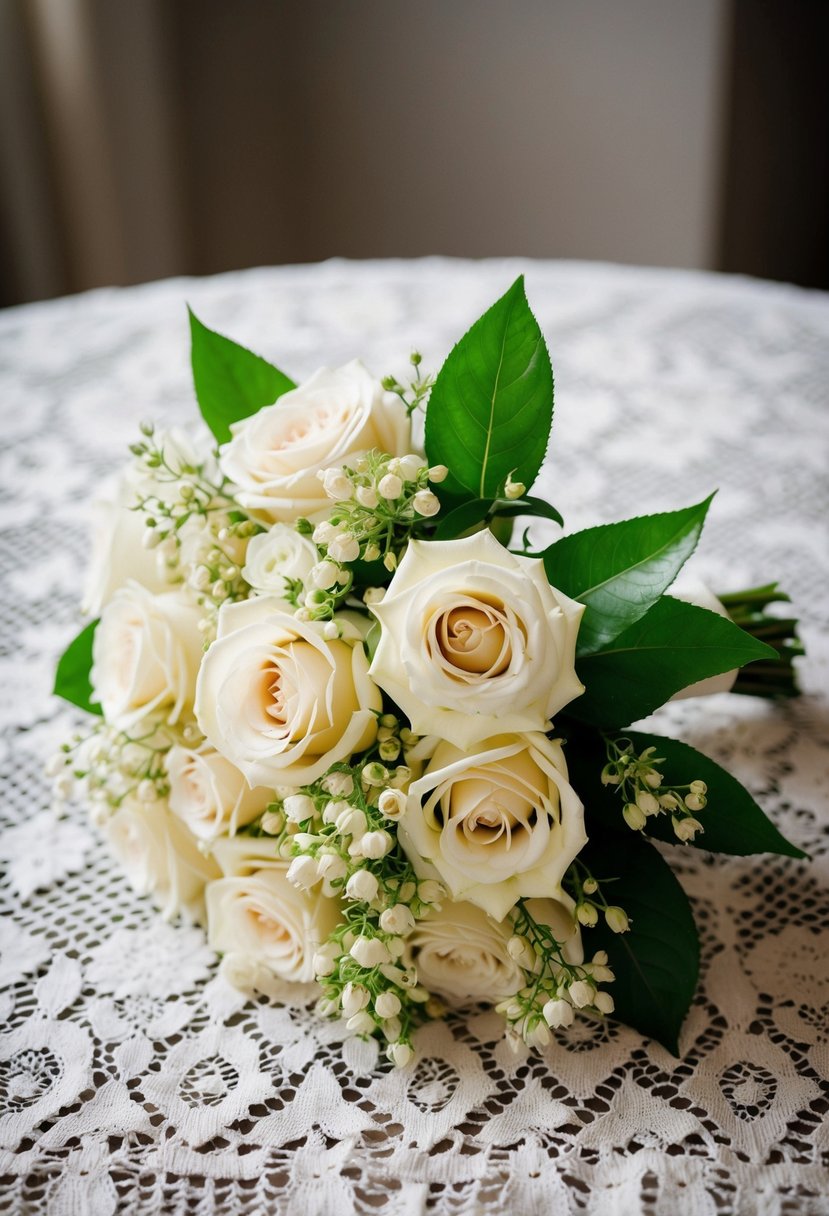 A delicate jasmine wedding bouquet adorned with cream roses, resting on a vintage lace tablecloth