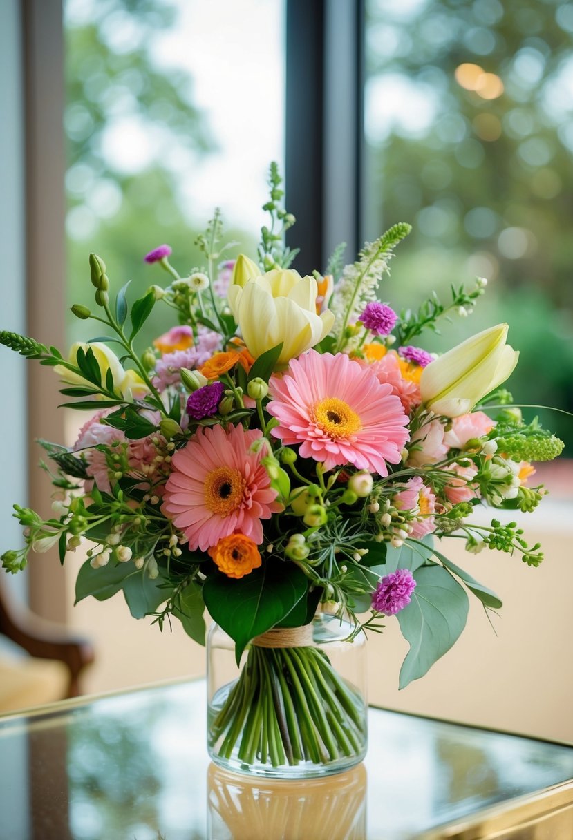 A delicate bouquet of vibrant flowers, carefully arranged and encased in a beautiful glass frame, serving as a precious keepsake from a wedding celebration