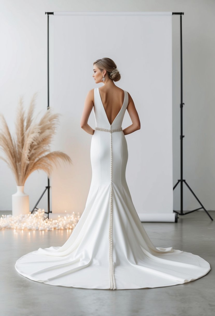 A modern sheath wedding dress with a pearl train flowing behind, set against a minimalist backdrop with soft lighting