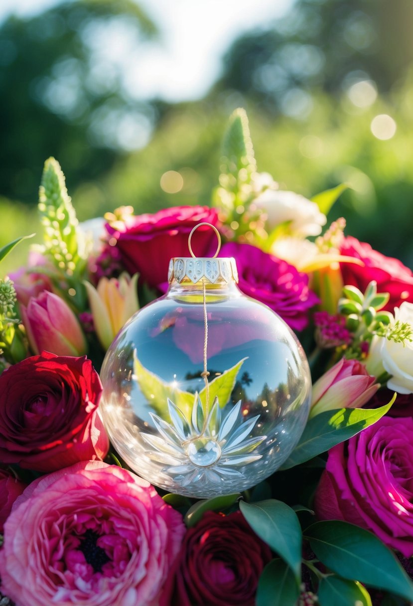 A glass ornament nestled among a vibrant wedding bouquet, catching the sunlight and adding a touch of elegance to the arrangement