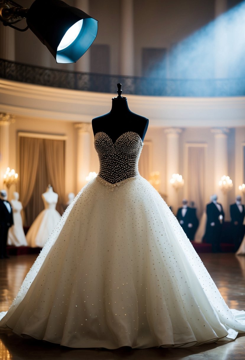 A grand ballroom with a spotlight on a shimmering pearl-dotted ball gown displayed on a mannequin