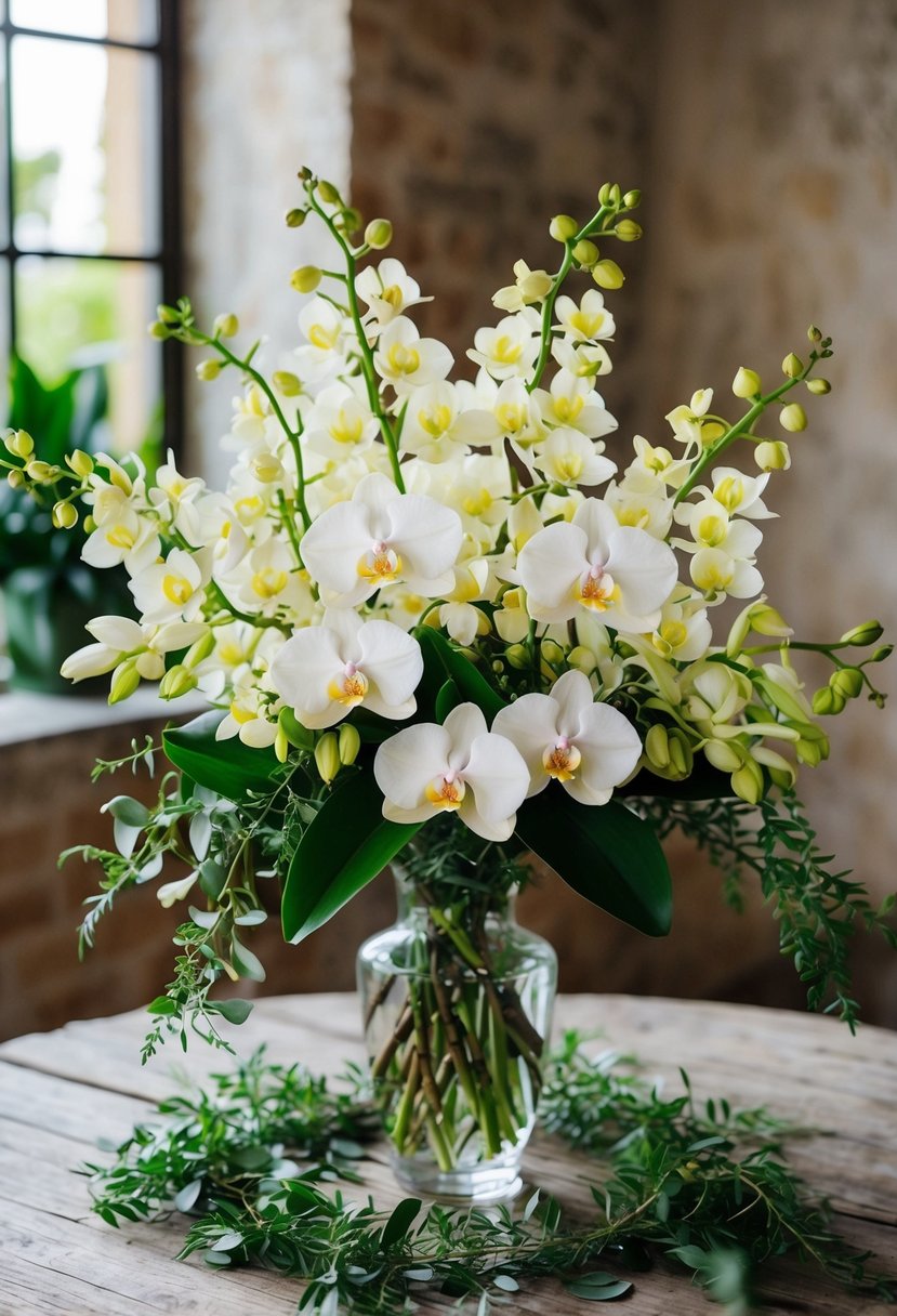 A lush bouquet of tropical jasmine and orchids, intertwined with delicate greenery, sits on a rustic wooden table