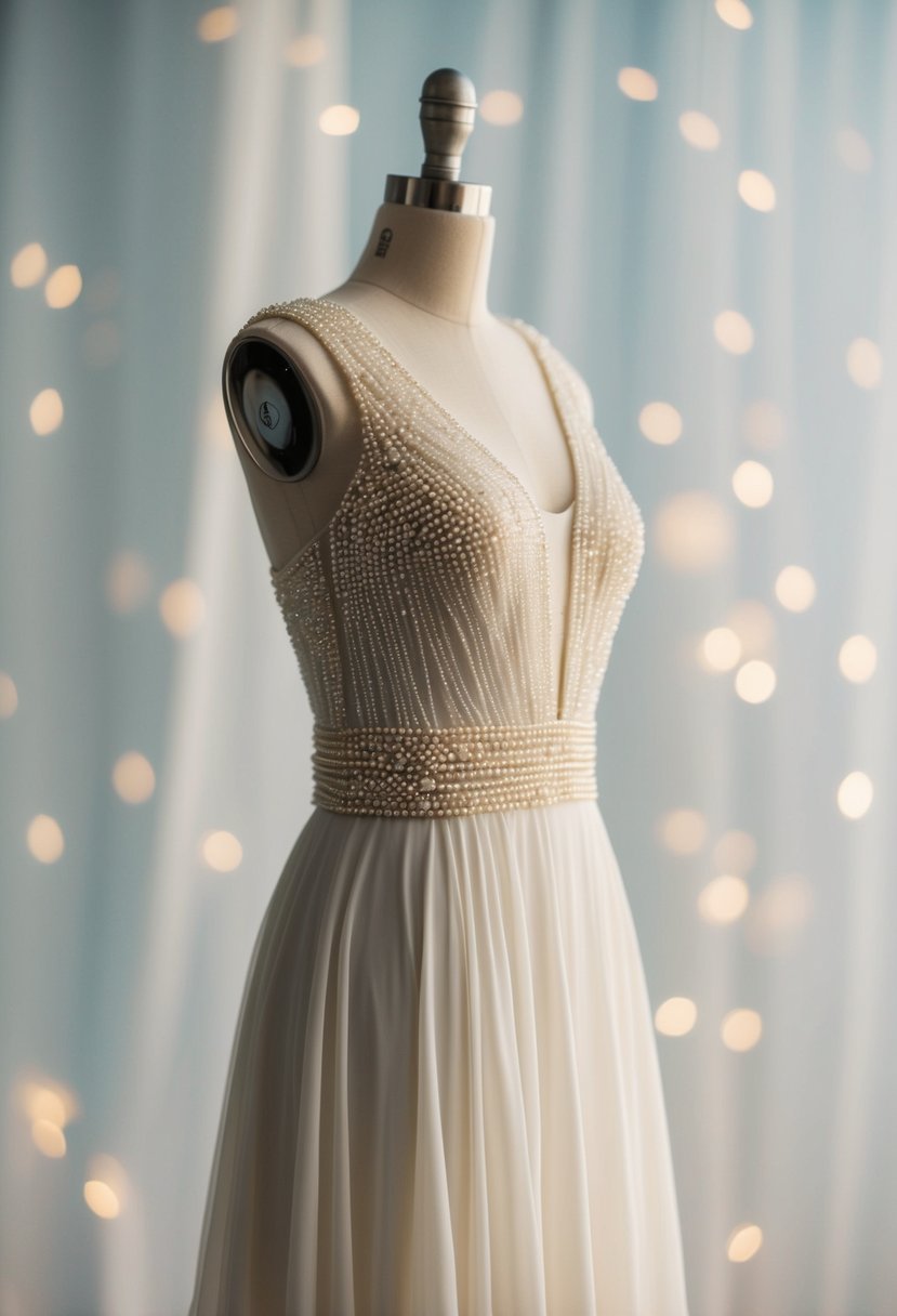 An A-line dress adorned with delicate pearl beading, draped on a mannequin against a soft, ethereal backdrop