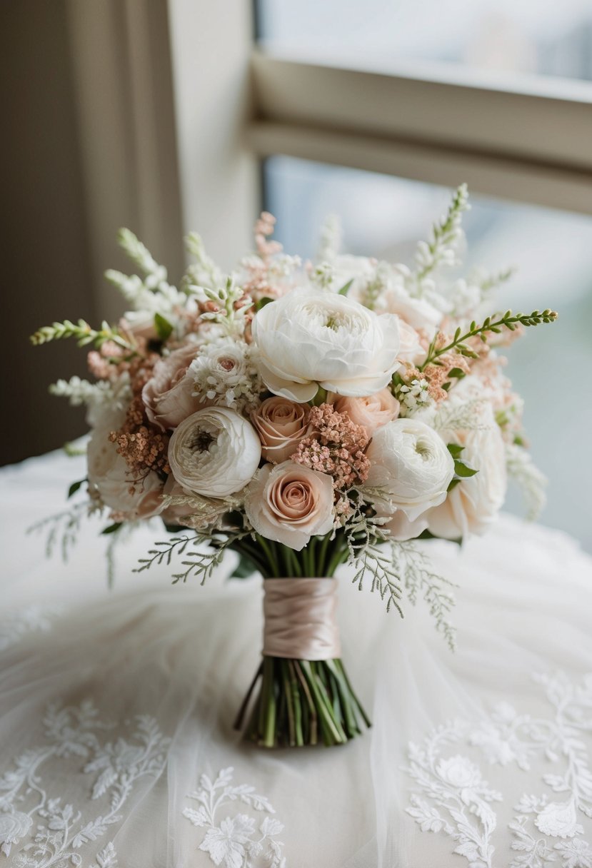 A delicate wedding bouquet with intricate embroidery and floral details