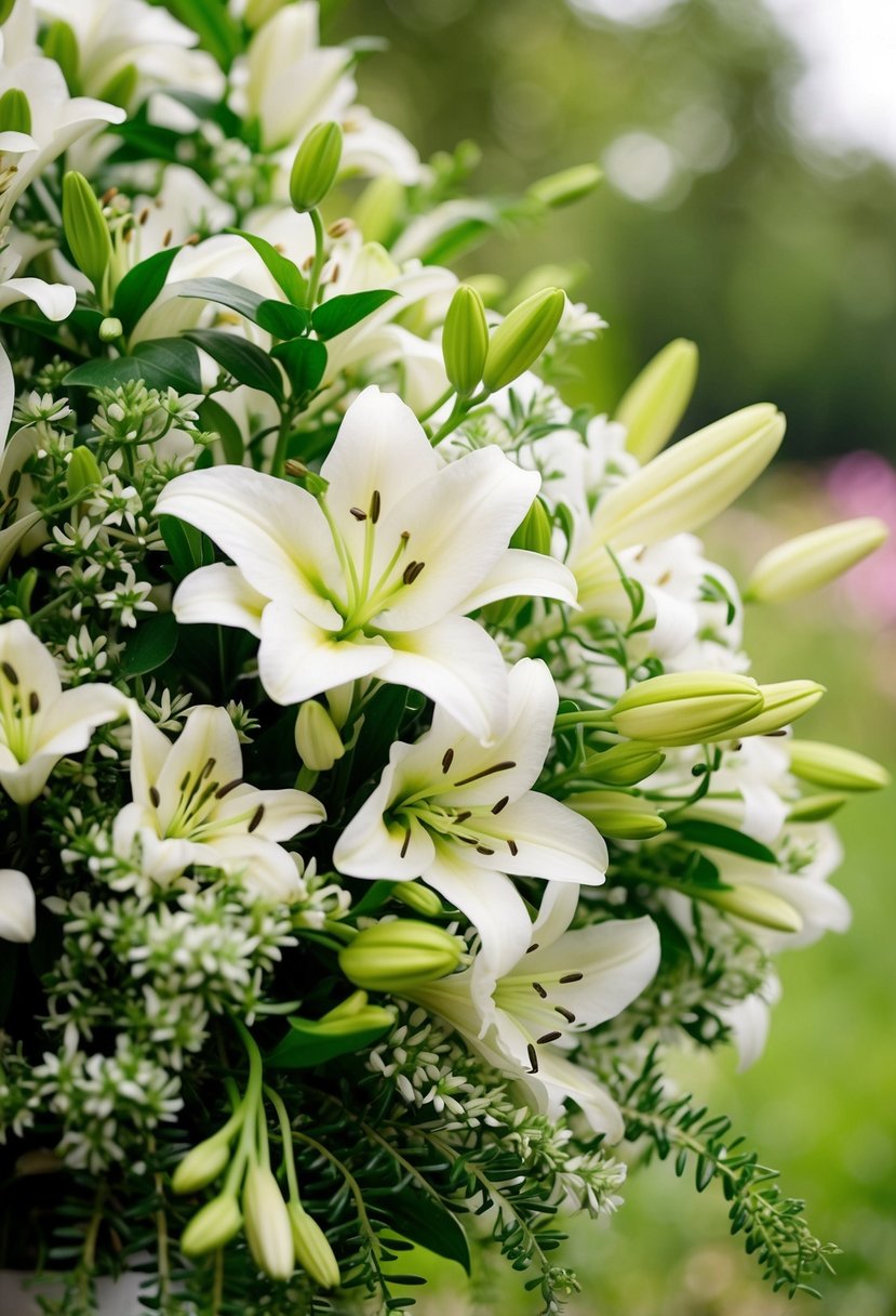 A lush bouquet of jasmine and lilies intertwined with delicate greenery